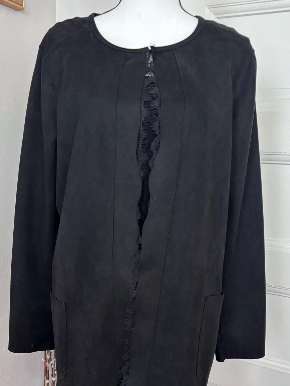 Joan Vass Black Open-Front Blazer with Fringe Trim - Size L - Picture 3 of 11